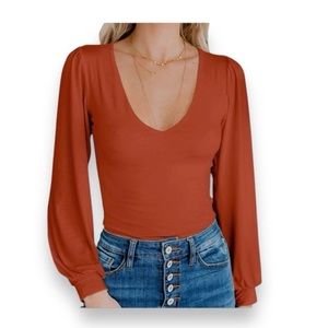Spadehill Women’s Scoop Neck Long Sleeve Bodysuit Rust Orange Edgy Clean Girl XL